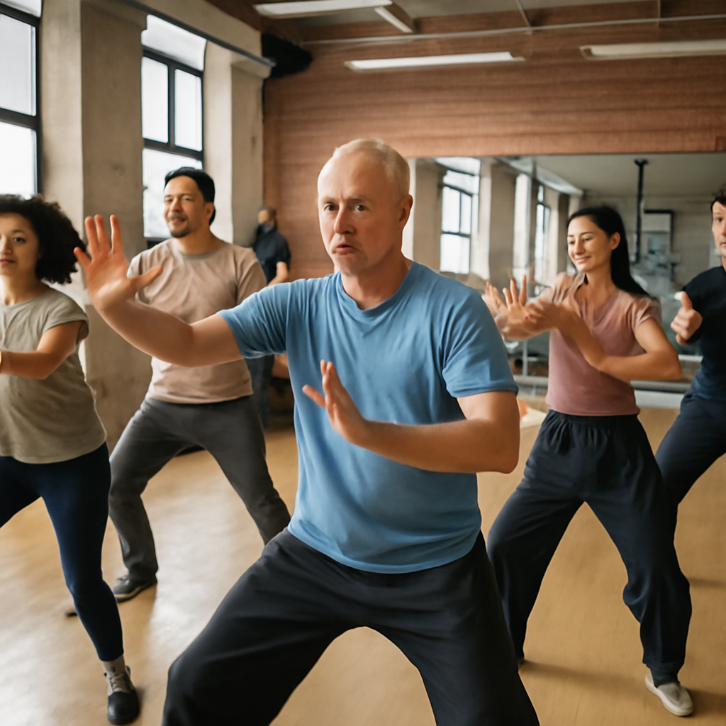 grupo de personas haciendo tai chi en un gimnasio